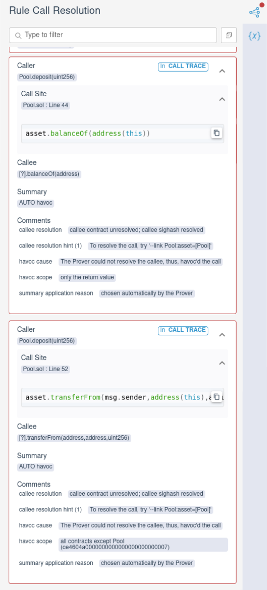 Call resolution for showing havocs of return values for and all variables of external contracts for