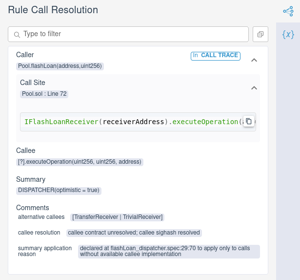 Call resolution tab showing unresolved call from to, with the "alternatives" set containing both and